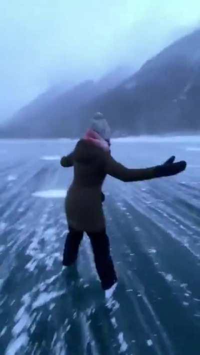 Crazy skating over partially frozen lake