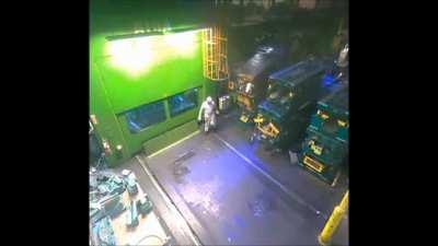 operator nearly crushed when crane snags stamping die