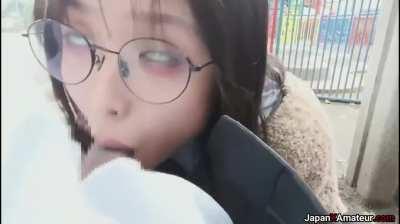 Amateur Japanese Girl With Glasses Giving A Blowjob Outdoors At A Park