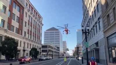 Erickson Sky Crane heavy-lift helicopter accidentally dropped its cargo (a building HVAC cooling unit, estimated at over $100, 000) on January 9th 2021, Clay St. in Oakland, California.