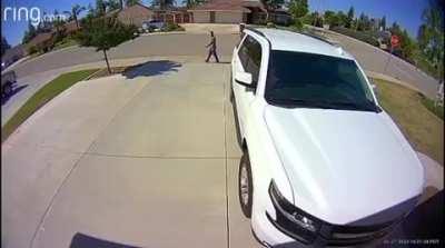 In California, a girl who was waiting in a car frightened a man who tried to steal from her garage.