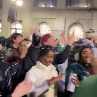 Eagles fans beginning to show signs of anger in downtown Philly following crushing defeat to the Kansas City Chiefs