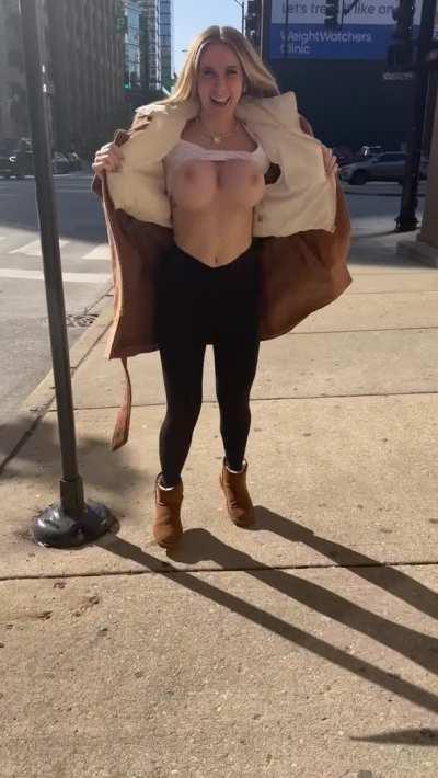 Flashing my big titties downtown Chicago ;) 