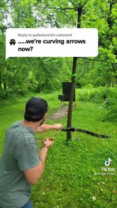 Complete sorcerer curves arrow around a tree and hits target.