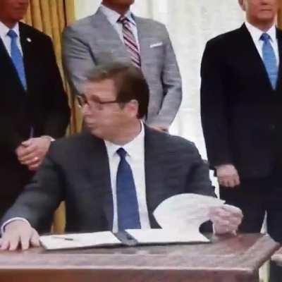 Realization hits Vučić as he discovers what he has just signed without reading. 🤡🤡🤡