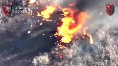 Ukraine's 63rd Mechanized Brigade UAV pilots targeted a munitions dump containing anti-tank mines, in addition to a strike on a Russian soldier carrying munitions. Both strikes result in large explosions. Published March 14, 2025