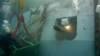 Norwegian Navy divers extract Sting Ray torpedoes from sunken frigate HNoMS Helge Ingstad for a controlled detonation