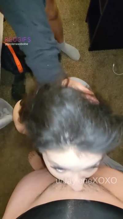 Sucking both my husband and his friend's cocks. My husband loves watching his friend grab me by the hair and move my head up and down all over their cocks