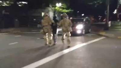 Militarized Federal Agents from a patchwork of outside agencies have begun policing Portland (in rented minivans vans) without the explicit approval of the mayor, the state, or local municipalities. This is what that looks like in practice.