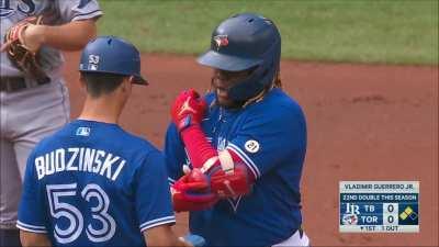 [Highlight] [Highlight] Vladimir Guerrero Jr. hits a ball so hard, it fools Randy Arozarena 360 feet away in left field. The play results in Vladdy's first double since August 27.