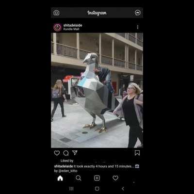 Rundle Mall (Adelaide, SA) Got a Giant Metal Pigeon today, took 4h & 15m until someone climbed it.