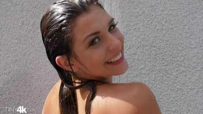 Leah gets drenched under the shower