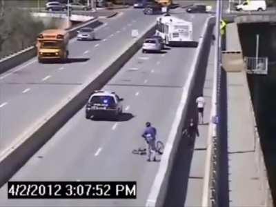 Car hits cyclist and and attempts to flee the scene...at the worst possible time