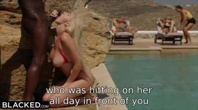 Your girlfriend is stuck between a rock and a hard place - a VERY hard and VERY big 