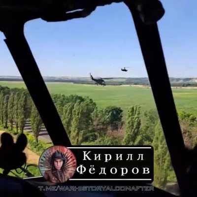 ru pov: Russian Ka-52 and Mi-35 attack helicopters filmed from cockpit of Mi-8/17