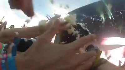 Steve Aoki (DJ) threw a cake 80 ft and hit boy in wheel chair...