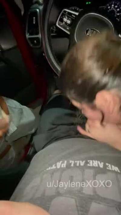 Strangers gather around car and jack off at a sex shop parking lot while I suck my man's cock in front of them