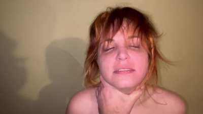 Face slapping and choking while standing on fuck machine POV