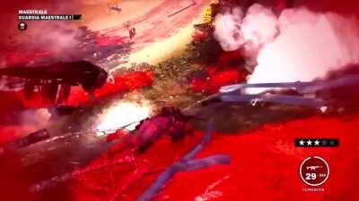 Rico can't get out of a helicopter but somehow manages to quantum tunnel into a water tower