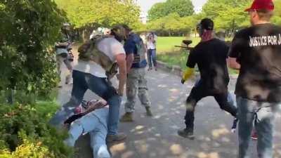 Proud Boys in Salem Portland Attack BLM Protester From Behind Knocking Him to the ground Then Pepper Spraying Him As He Pleads For Mercy