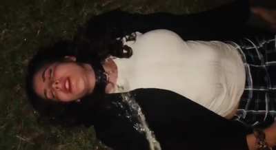 Pissing on a slut outdoors