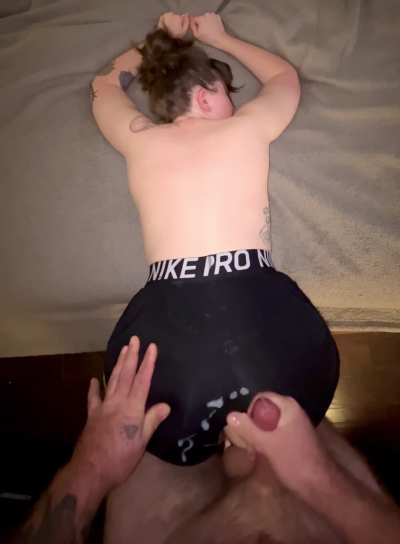 Cumshot after fucking me in my Nike pros