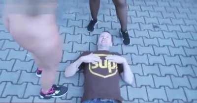 Two Girls Pissing On Guy Outdoor