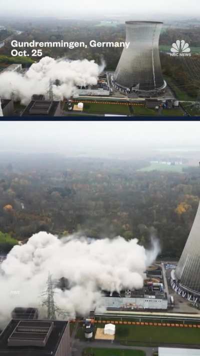 Two cooling towers in Germany were demolished in a controlled demolition of a nuclear power plant