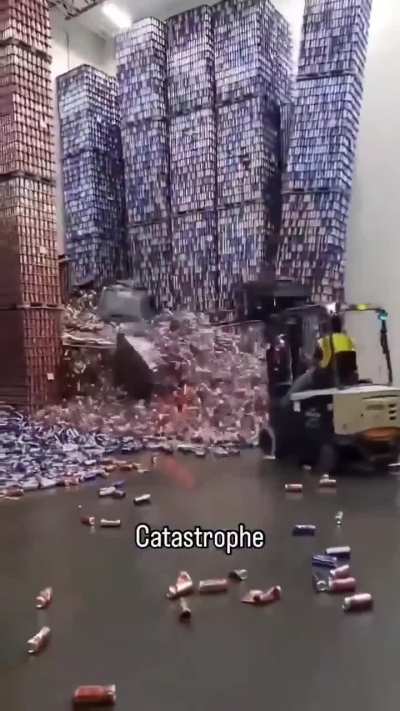 Forklift accidentally knocks over towers of canned beers causing a massive spill