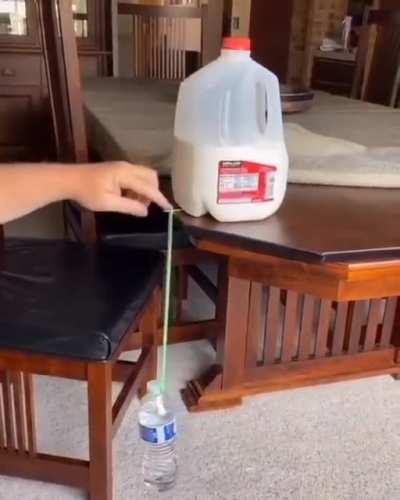 Water bottle suspended by toothpicks