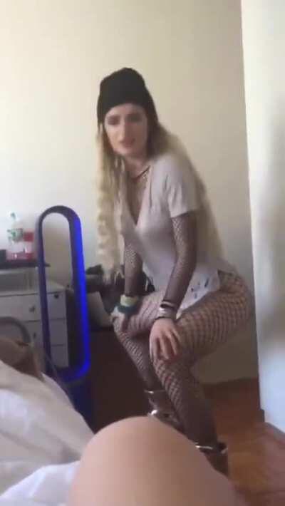 Bella twerking in nothing but fishnets and a t-shirt