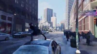 So I thought this was cool the way Miles swings around the pole and gets onto the car it feels satisfying how smooth he gets on the car