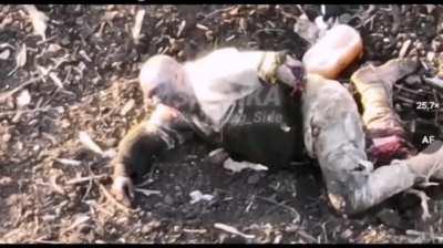 A Russian drone batters a Ukrainian squad with VOGs, leaving multiple dead and causing one to lose his arm and leg. Near Bakhmut, Donetsk Region, Ukraine. November, 2023.