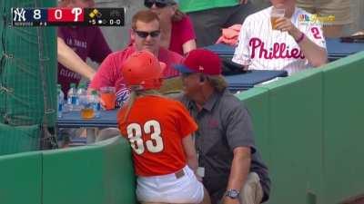 [Highlight] Ball girl accidentally fields a fair ball grounder down the third base line from Trea Turner