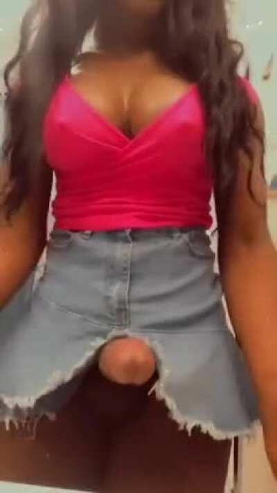 A) this cock is way too big. B) this skirt is way too small. Or C) all of the above