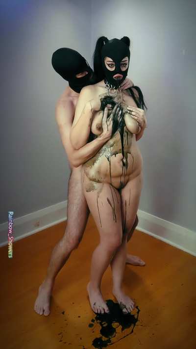 Gagging up black slime while taken from behind