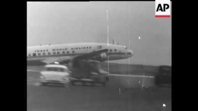 TWA Super Constellation makes a wheels-up landing at Olathe Kansas on January 17th 1959