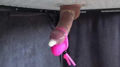 Gloryhole [M]ilking Table handsfree condom cumshot by strong vibrator - OC
