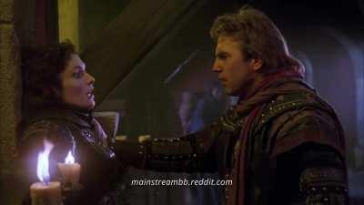 Mary Elizabeth Mastrantonio knees Kevin Costner in the Balls in Robin Hood Prince of Thieves (1991)