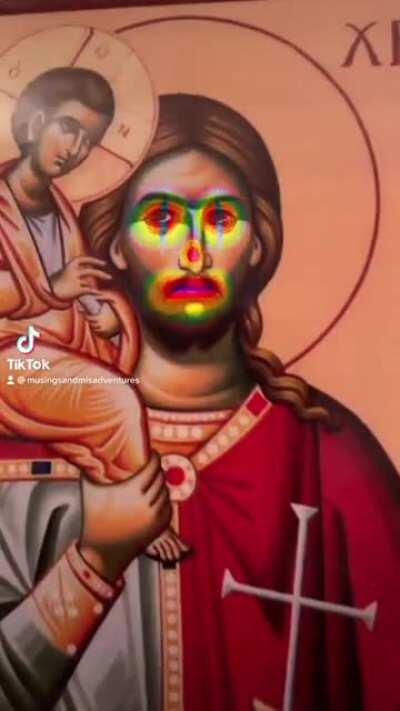 I got bored with TikTok filters and there’s an icon on the wall right next to my sister’s bed. I’m going to hell for this 😂