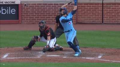 [Highlight] Bo Bichette fouls off seven straight pitches and then drops in this nasty blooper that Santander can't keep his glove on to tie the game at 7 in the top of the 9th