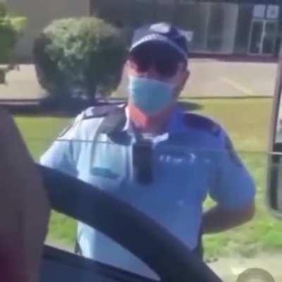 More from Aussie (this ones at least funny) Man is pulled over for not having his mask up with a passenger in his car. Successfully uses the 