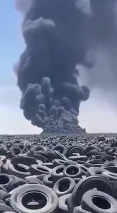 The world's largest tire graveyard is located in Kuwait, containing around 50 million tires. This video from April 2021 shows a massive fire that broke out there.