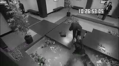 A businessman, at least 46 years of age falls into a Koi pond after a business meeting with a very formal company, his business associate failing to help him as he was practicing “a killer dance move.”