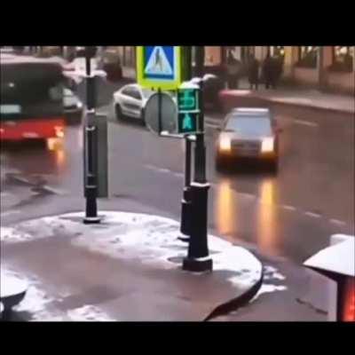 Turn right from center lane....win bus ride and future need for more bus rides.