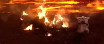 Baby Yoda enjoys a nice relaxing evening next to the fireplace