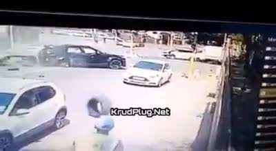 Chain reaction crash with pedestrian