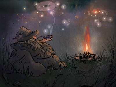 Gandalf smoking pipe under the starry sky in the Shire.