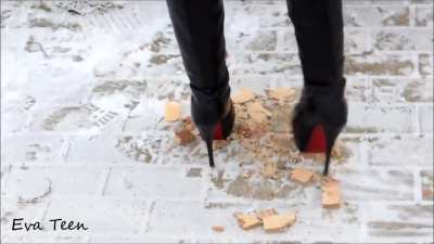 Eva's Thigh High Black Boots with Red Bottoms VS Snacks (Milk drench ending)