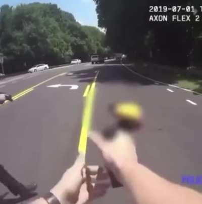 Чувак с ножом идёт на копа и не собирается останавливаться